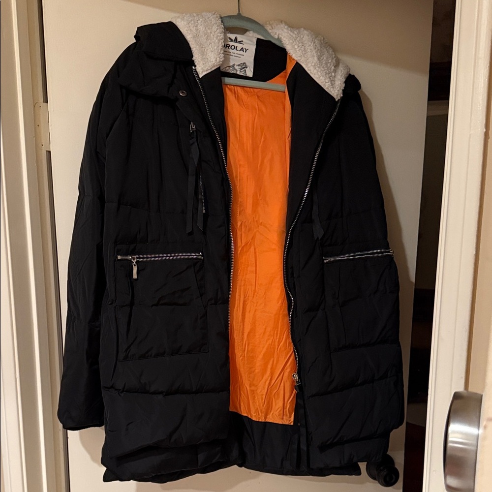 Woman’s  Black Puffer Jacket with Orange Lining